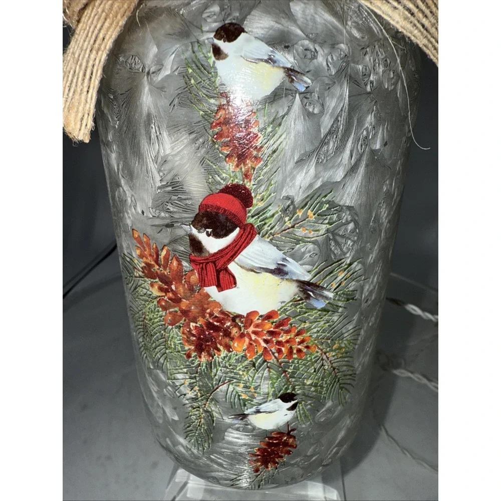 Stony Creek Decorative Lighted Glass Winter Chickadees Birch Tree 8